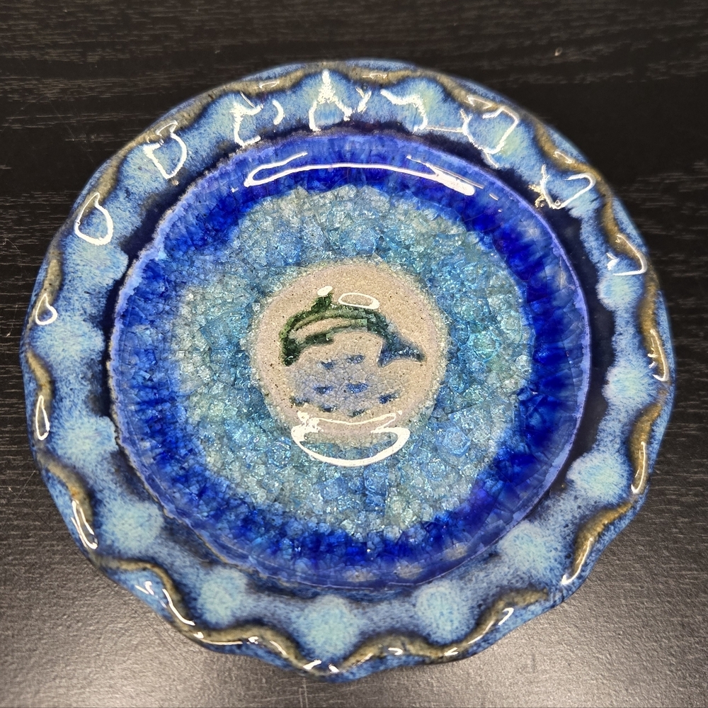 Dolphin Glazed Dish Pottery Ash Tray Keys Ring Jewelry Trinket Holder Blue